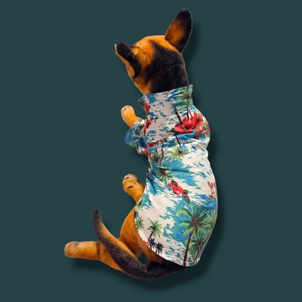 Tropical Palm Tree Hibiscus Pet Hawaiian Shirt Blue Size L Dog‎ Clothes